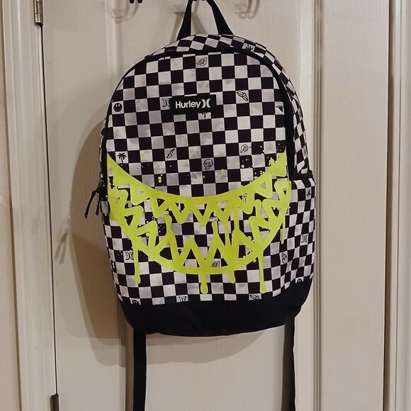 Hurley One & Only backpack Black White Checkerboard Neon Yellow Graphic - Picture 1 of 7